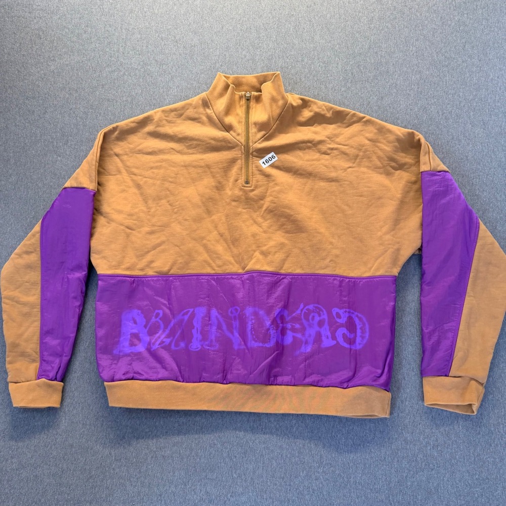 Brain Dead Mens XL Quarter Zip Sweatshirt Tan Purple Nylon Panel Pullover